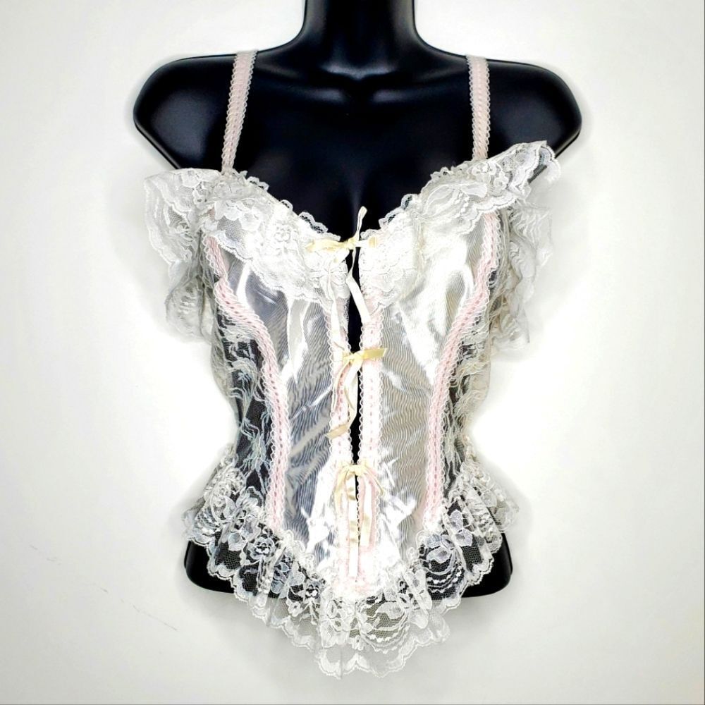 Vintage 80s Alana Gale White Bridal Ruffled Lace Frilly Corset Bustier Top Sz S